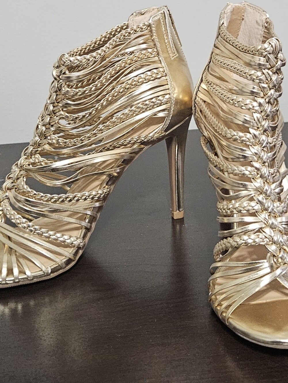 Thalia Sodi Metallic Gold Braided Strappy Stiletto Heels